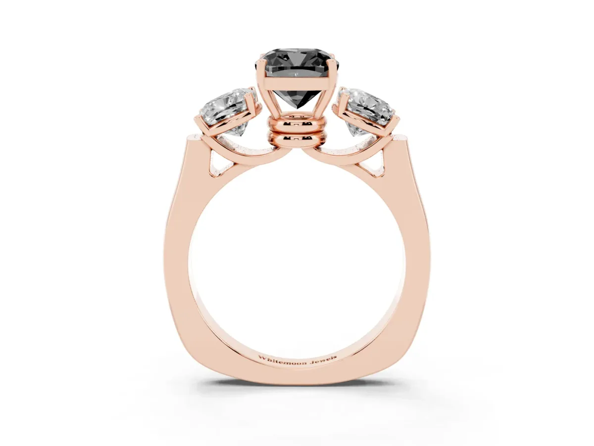 Fancy Black Three-Stone Cushion Cut Brilliant Diamond Trellis Ring with Comfort Fit Band Rose gold