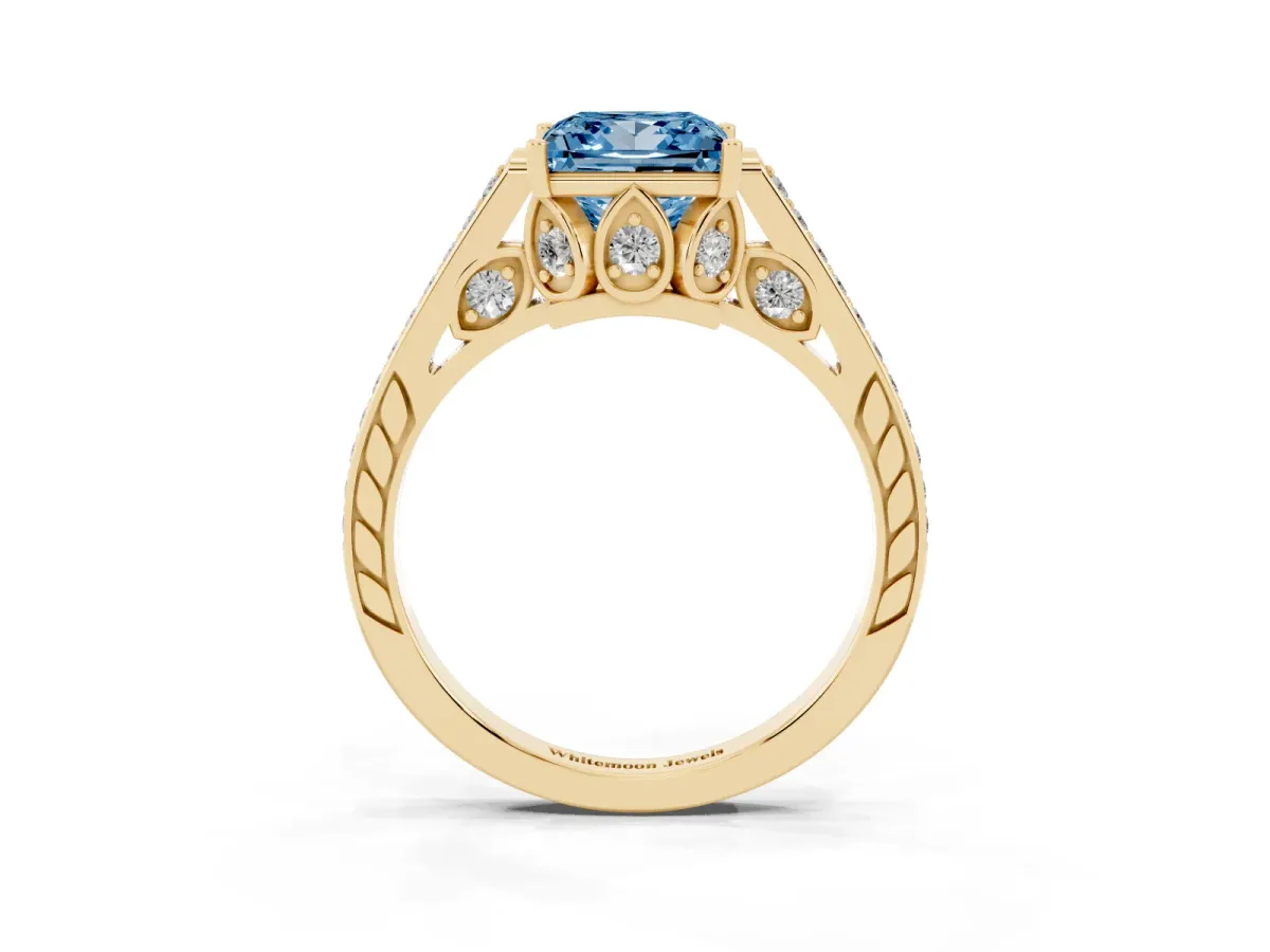 Fancy Blue Princess Cut Cut Cathedral Pave Diamond Engagement Ring with Six-Prong Setting Yellow gold