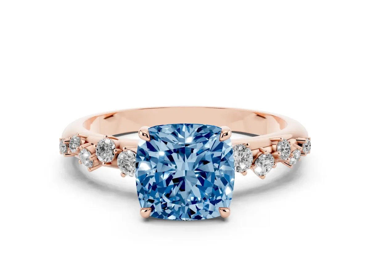 Fancy Blue Cushion Cut Diamond Cluster Prong-Set Solitaire Ring Rose gold