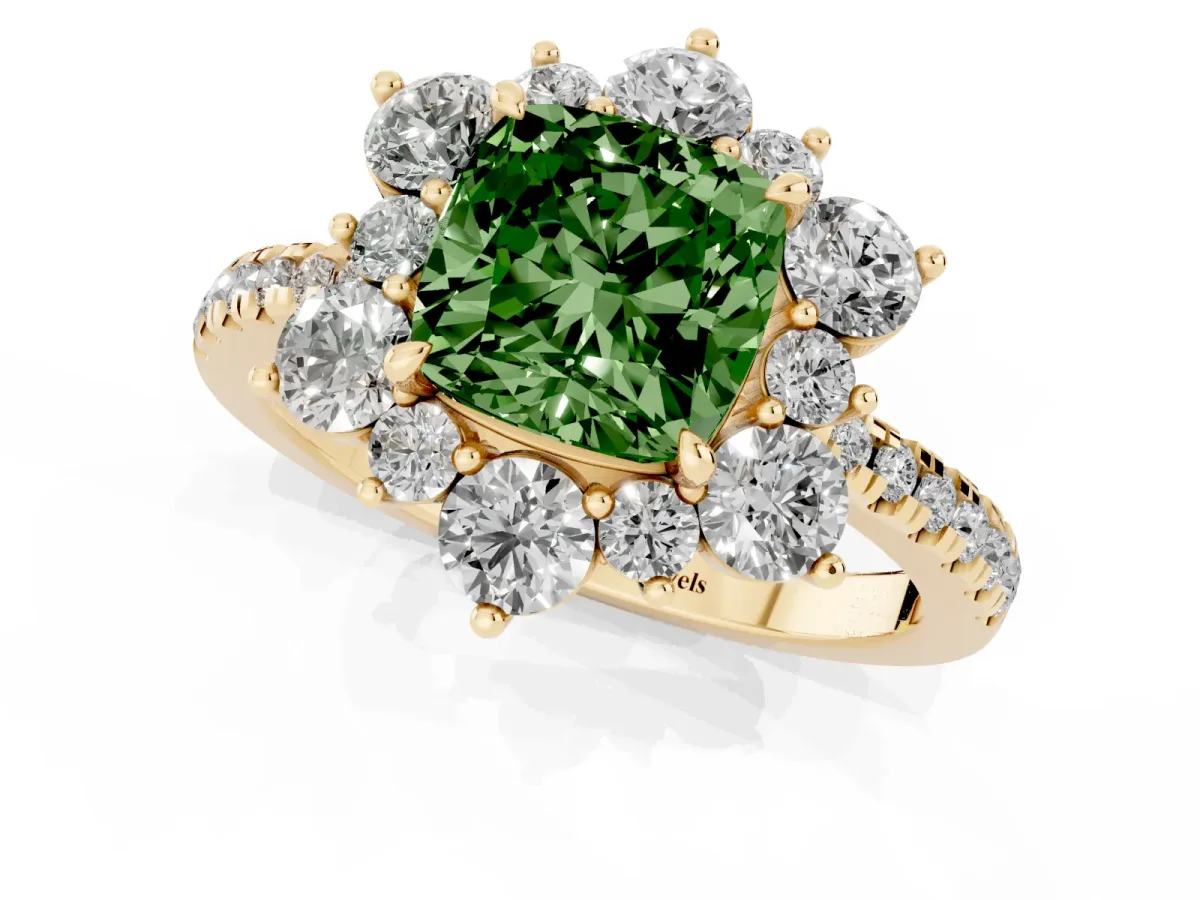 Fancy Green Cushion Cut Diamond Floral Halo Ring with Round Pavé Band and Prong Setting Yellow gold