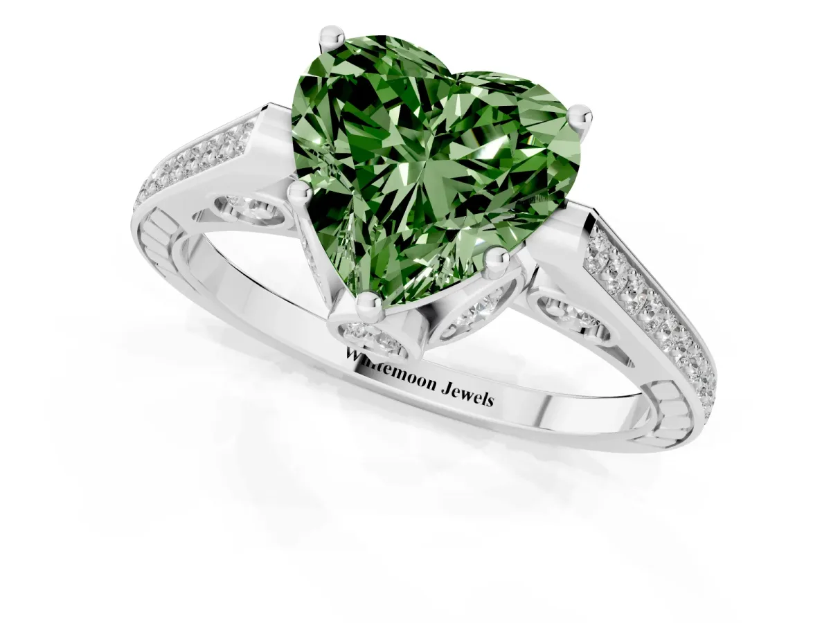 Fancy Green Heart Cut Cut Cathedral Pave Diamond Engagement Ring with Six-Prong Setting Silver