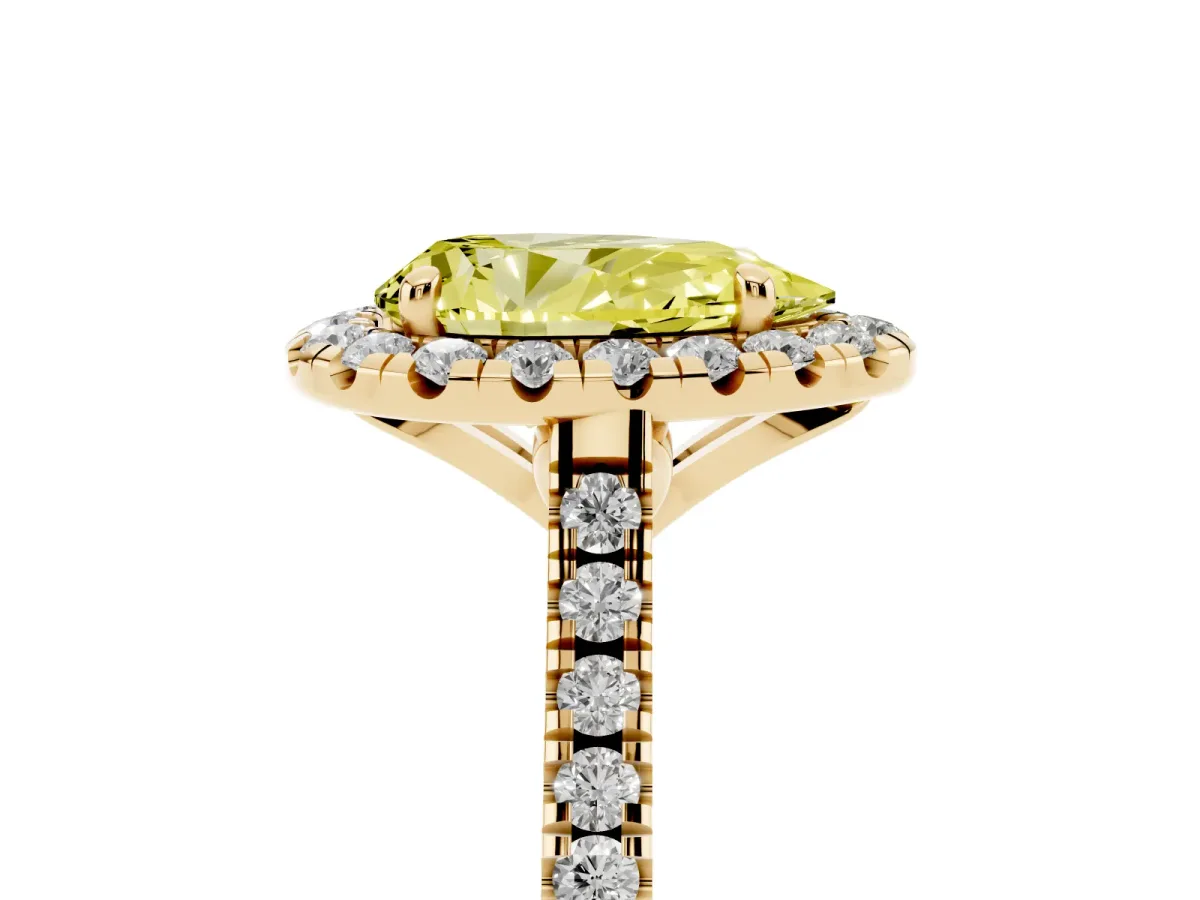 Fancy Yellow Pear Cut Diamond Cushion Halo Ring with Pavé Band Yellow gold