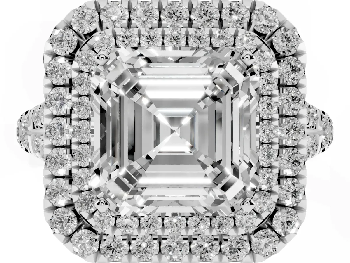 Asscher Cut Cut Double Halo Split Shank Diamond Ring with Prong Setting Silver