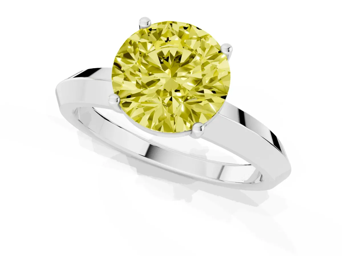 Fancy Yellow Round Cut Cut Solitaire Engagement Ring with Flat Band and Four-Prong Setting Silver
