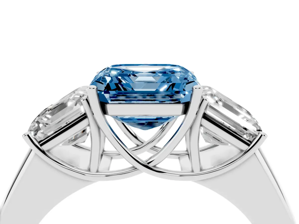 Fancy Blue Three-Stone Asscher Cut Cut Diamond Ring with Prong Setting and Classic Band Platinum