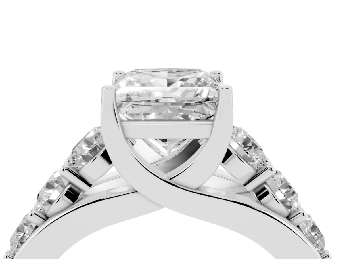 Princess Cut Diamond Engagement Ring with Pavé Band and Four-Prong Setting Platinum