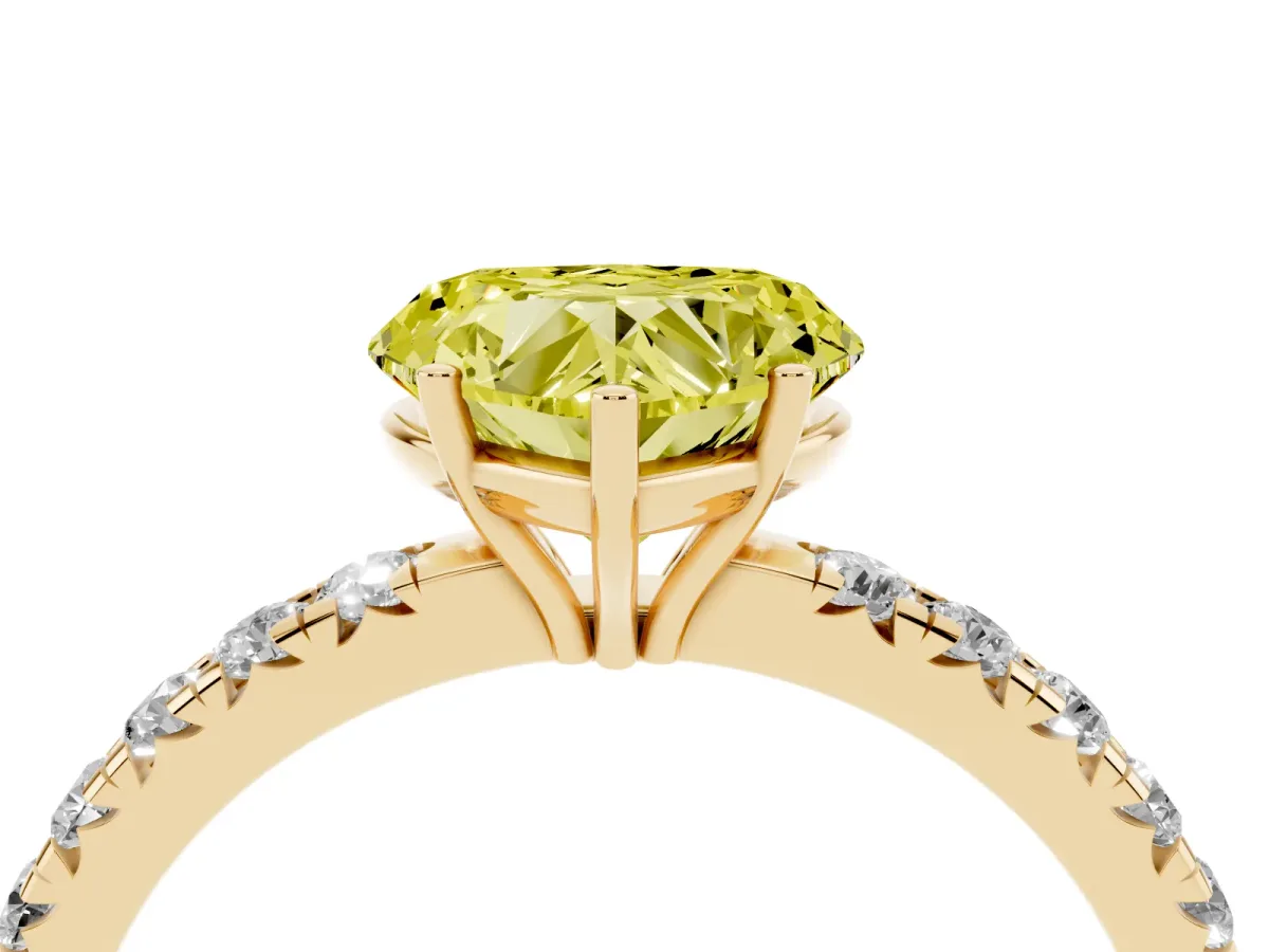 Fancy Yellow Heart Cut Diamond Pavé Solitaire Engagement Ring with Four-Prong Setting Yellow gold