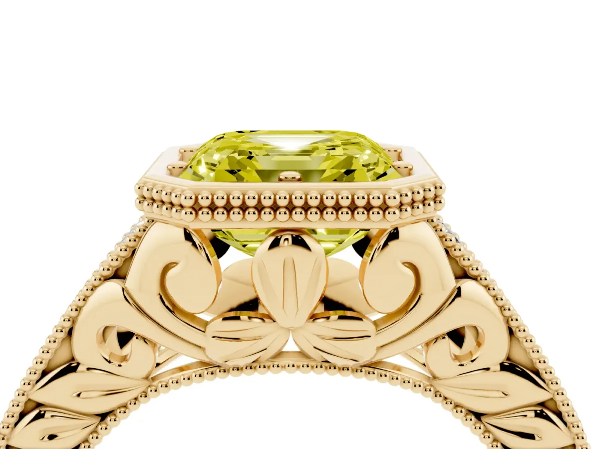 Fancy Yellow Bezel Set Asscher Cut Diamond Milgrain Pave Engagement Ring Yellow gold