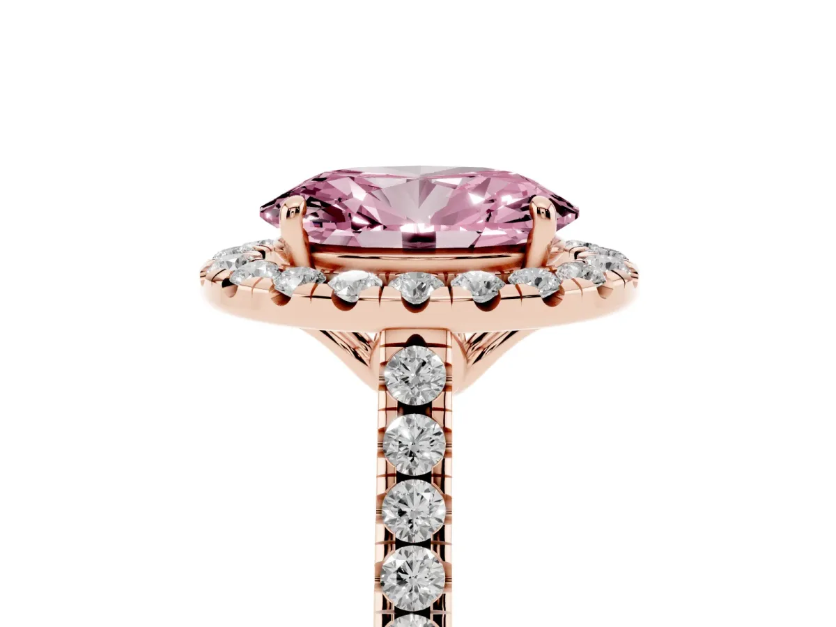 Fancy Pink Oval Cut Halo Pavé Diamond Engagement Ring with Four-Prong Setting Rose gold