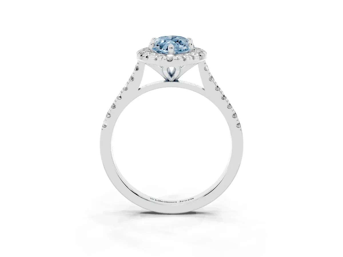 Fancy Blue Marquise Cut Diamond Cushion Halo Ring with Pavé Band Platinum