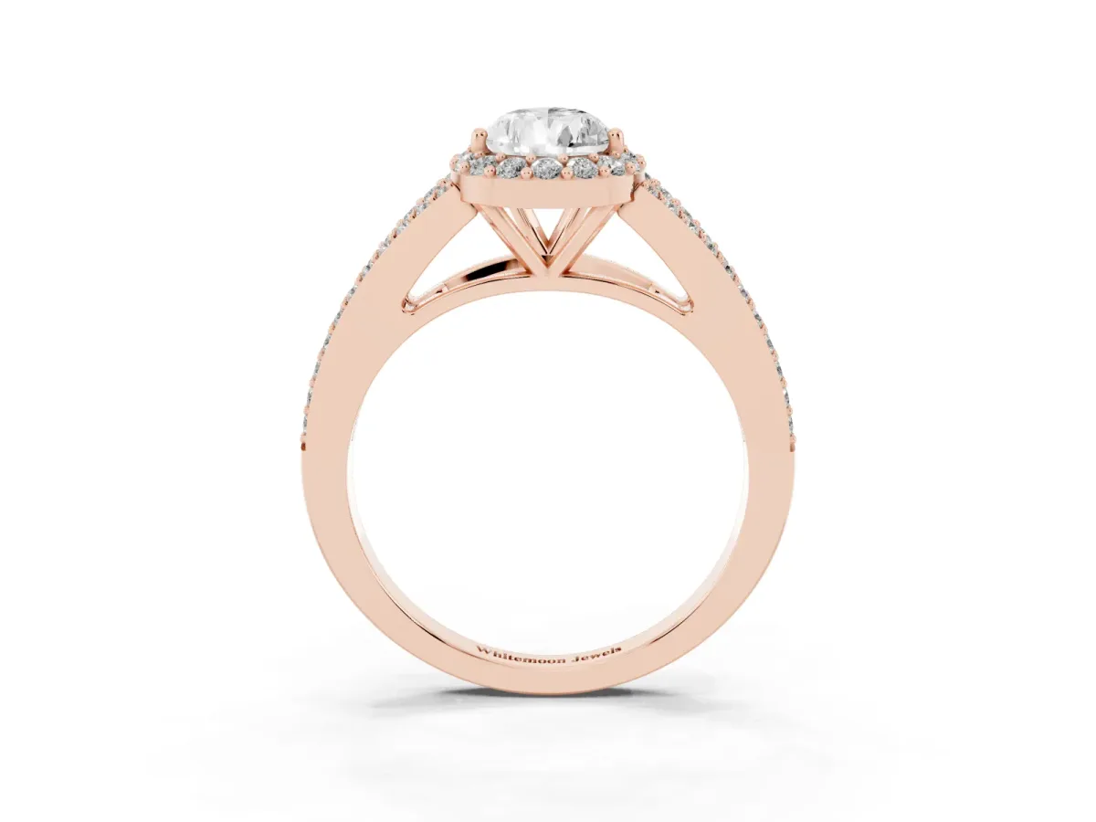 Pear Cut Halo Split Shank Diamond Ring with Prong Setting Rose gold