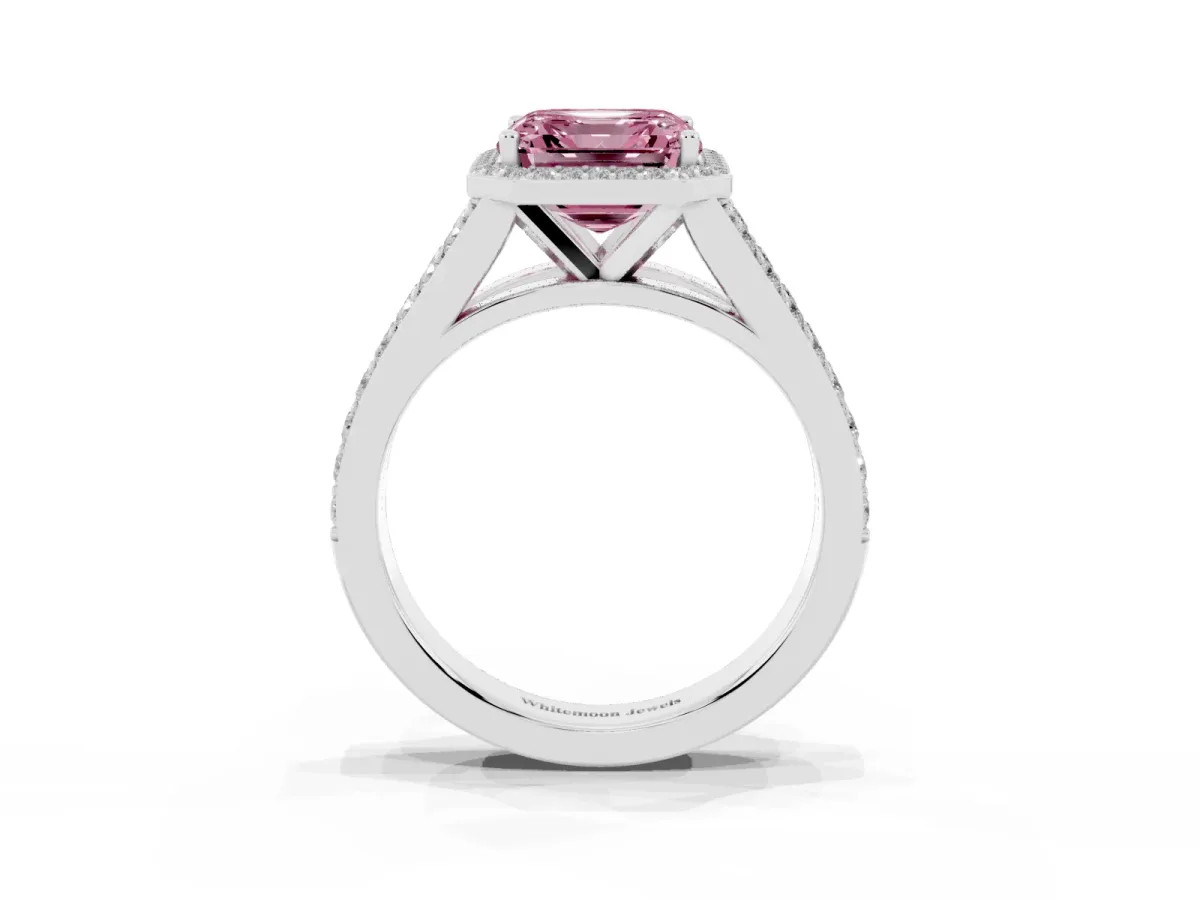 Fancy Pink Asscher Cut Diamond Split Shank Halo Ring with Four-Prong Setting Silver