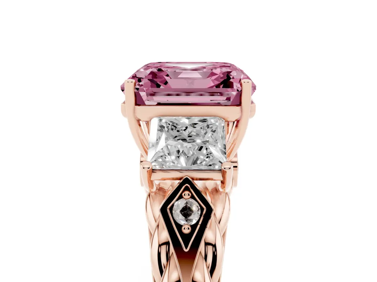 Fancy Pink Three-Stone Asscher Cut Diamond Braided Band Ring with Four-Prong Setting Rose gold