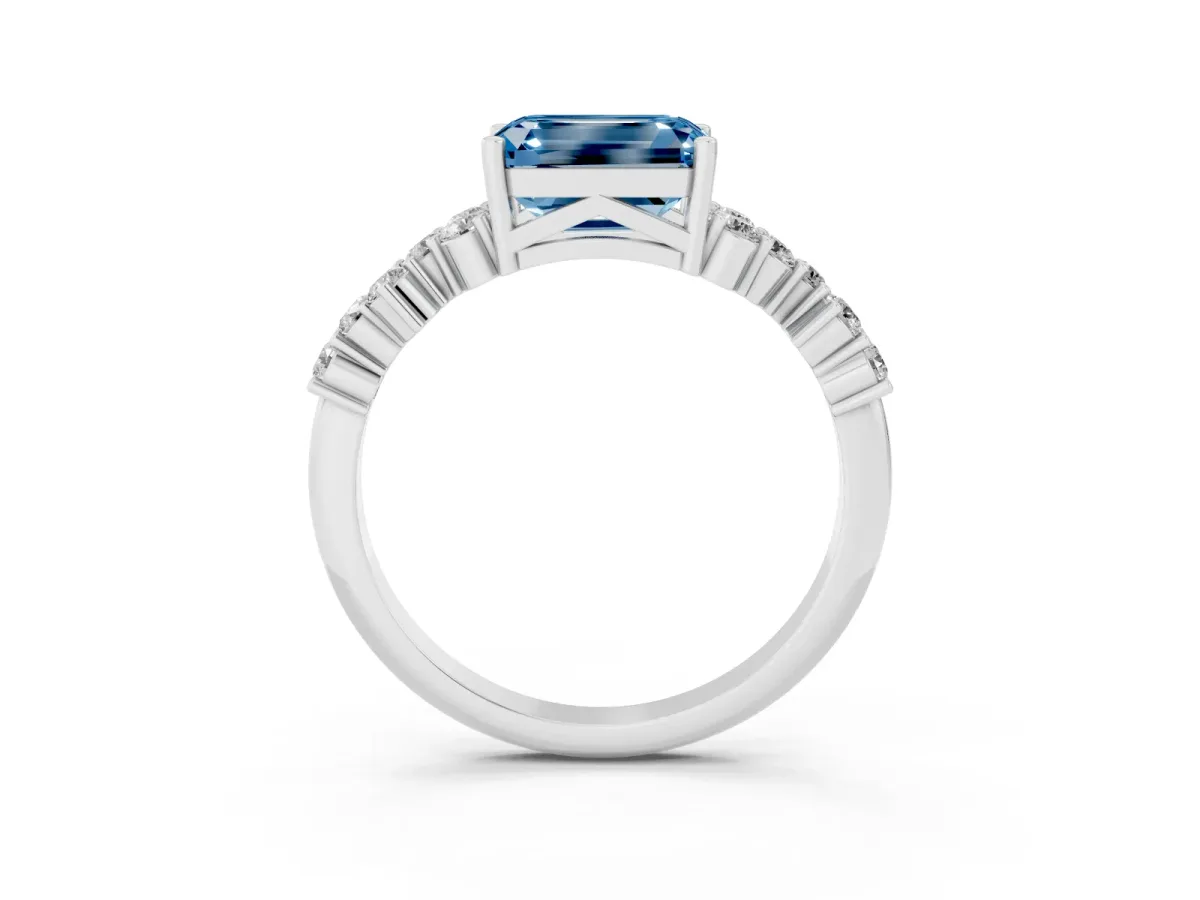 Fancy Blue Emerald Cut Diamond Scattered Round Accent Ring with Prong Setting Silver