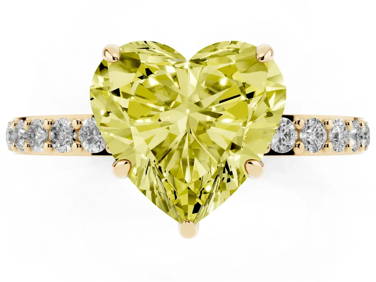 Fancy Yellow Heart Cut Diamond Pavé Engagement Ring with Round Accents and Prong Setting Yellow gold