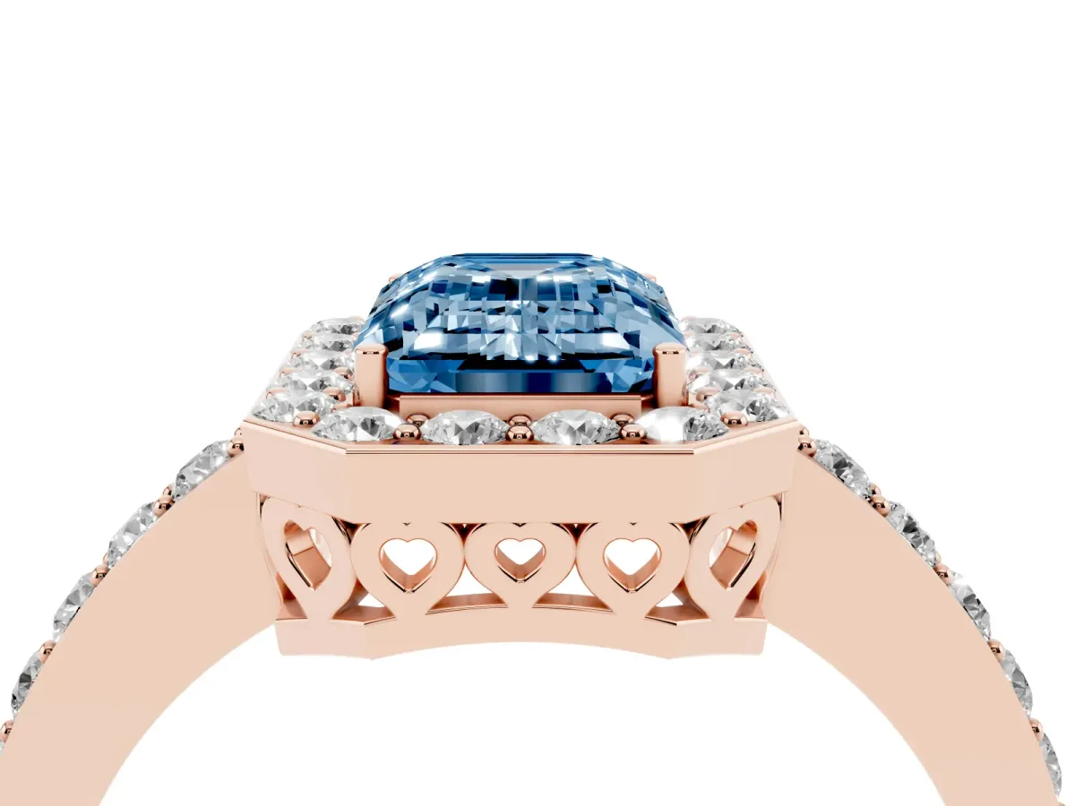 Fancy Blue Emerald Cut Halo Diamond Pavé Band Ring with Prong Setting Rose gold