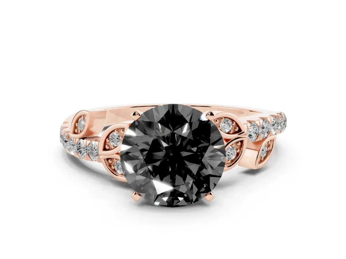 Fancy Black Round Cut Solitaire Leaf-Inspired Diamond Ring with Pavé Band and Four-Prong Setting Rose gold