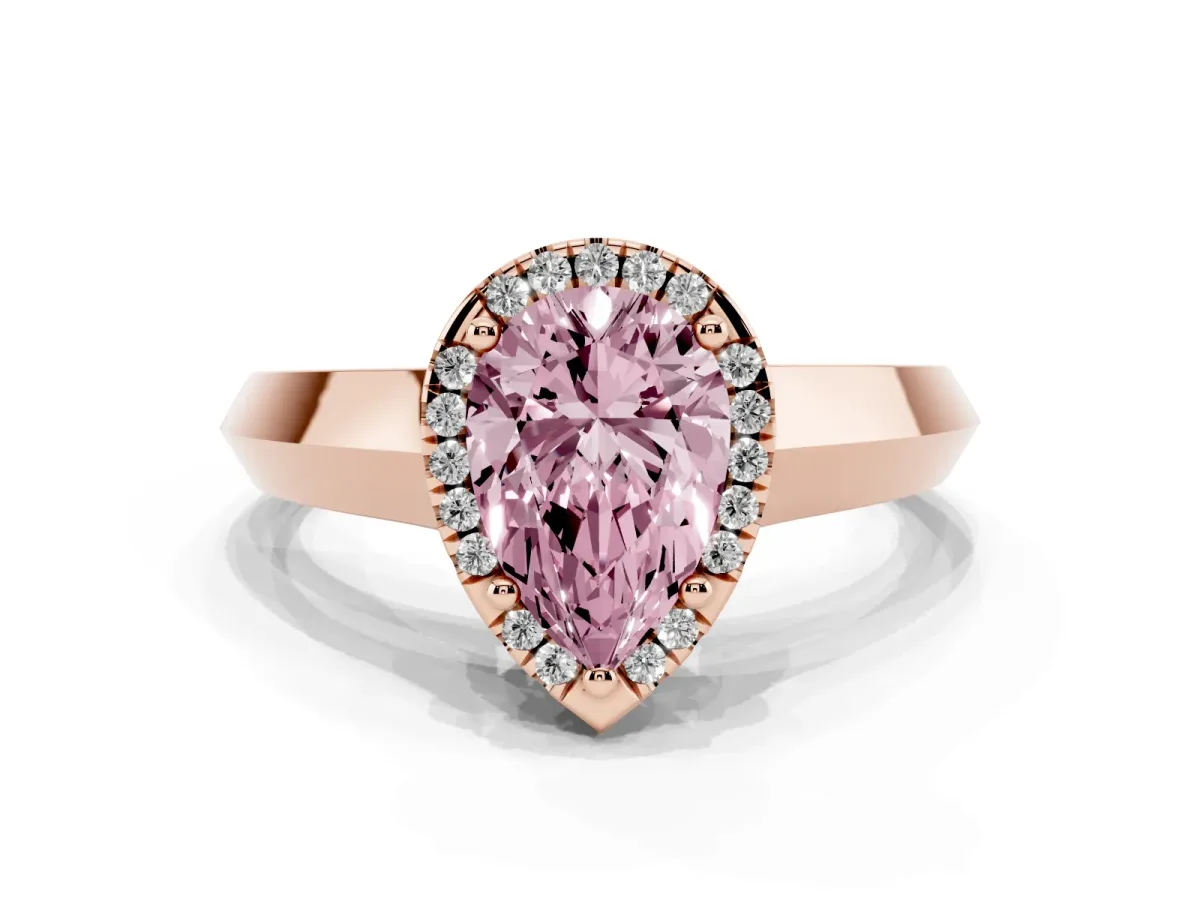 Fancy Pink Pear Cut Halo Diamond Ring with Cathedral Band and Four-Prong Setting Rose gold