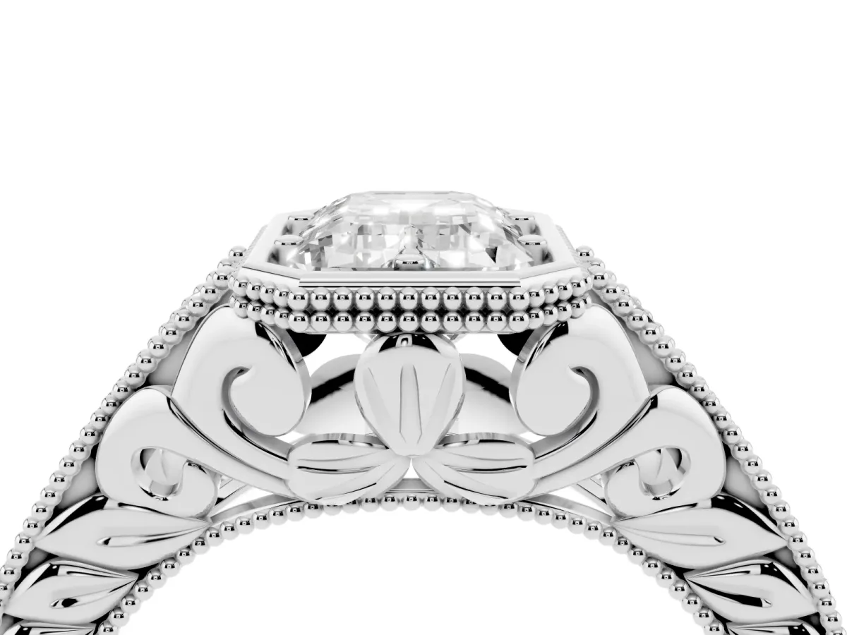 Bezel Set Emerald Cut Diamond Milgrain Pave Engagement Ring Silver