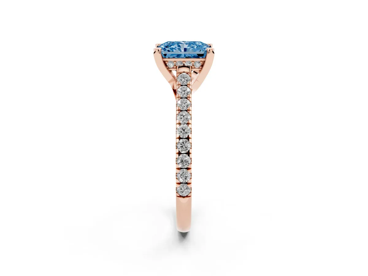 Fancy Blue Radiant Cut Brilliant Diamond Solitaire with Pavé Band and Four-Prong Setting Rose gold