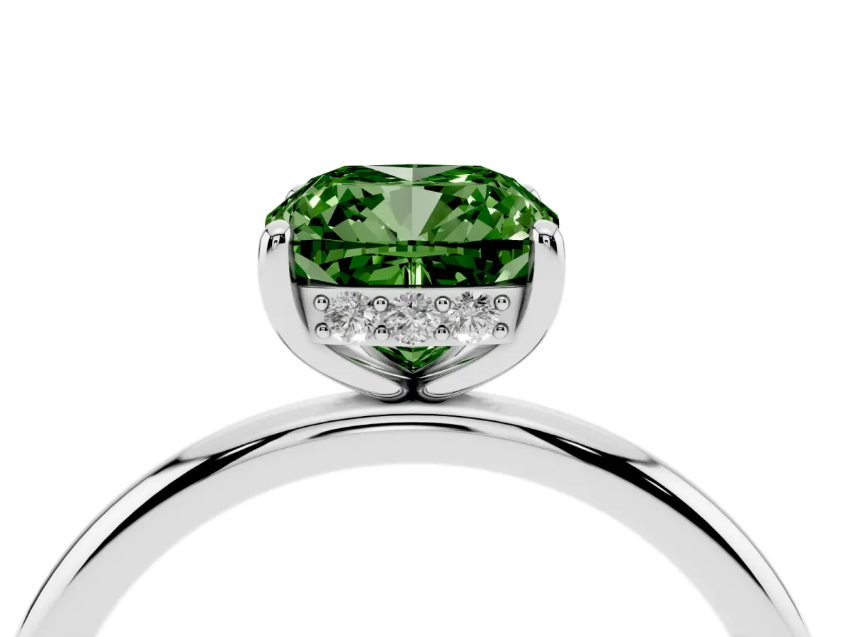 Fancy Green Cushion Cut Solitaire Diamond Ring with a Classic Band and Four-Prong Setting Silver
