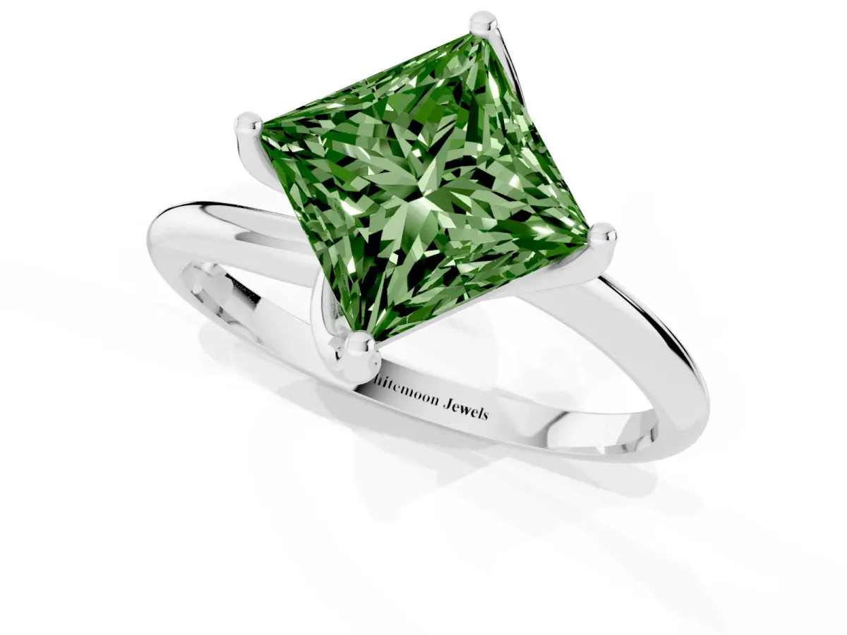 Fancy Green Princess Cut Diamond Solitaire Engagement Ring with Four-Prong Setting and Classic Band White gold