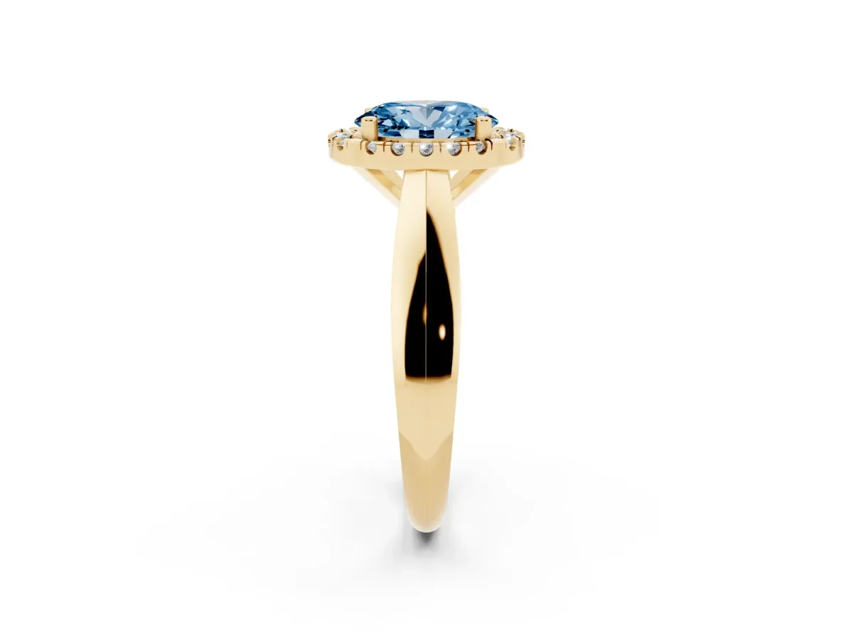 Fancy Blue Oval Cut Cut Halo Solitaire Engagement Ring with Square Band and Four-Prong Setting Yellow gold