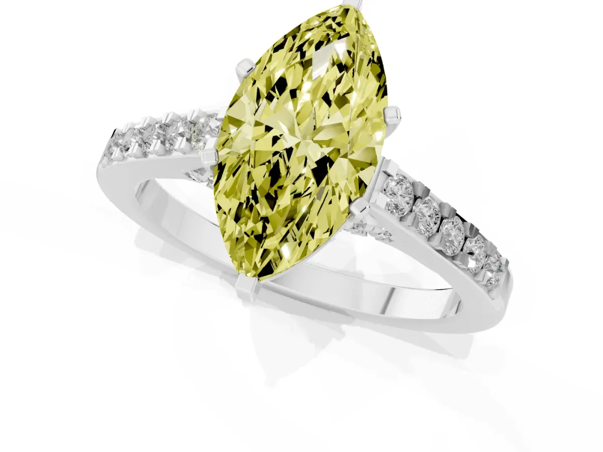 Fancy Yellow Marquise Cut Diamond Solitaire Ring with Crossover Gallery and Round Pavé Band Platinum