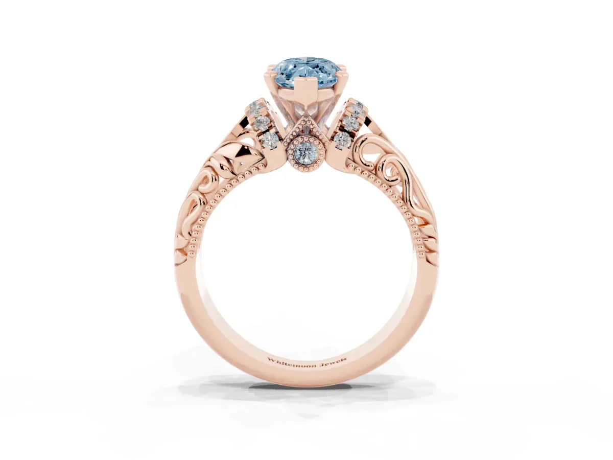 Fancy Blue Marquise Cut Solitaire Filigree Engagement Ring with Halo and Prong Setting Rose gold
