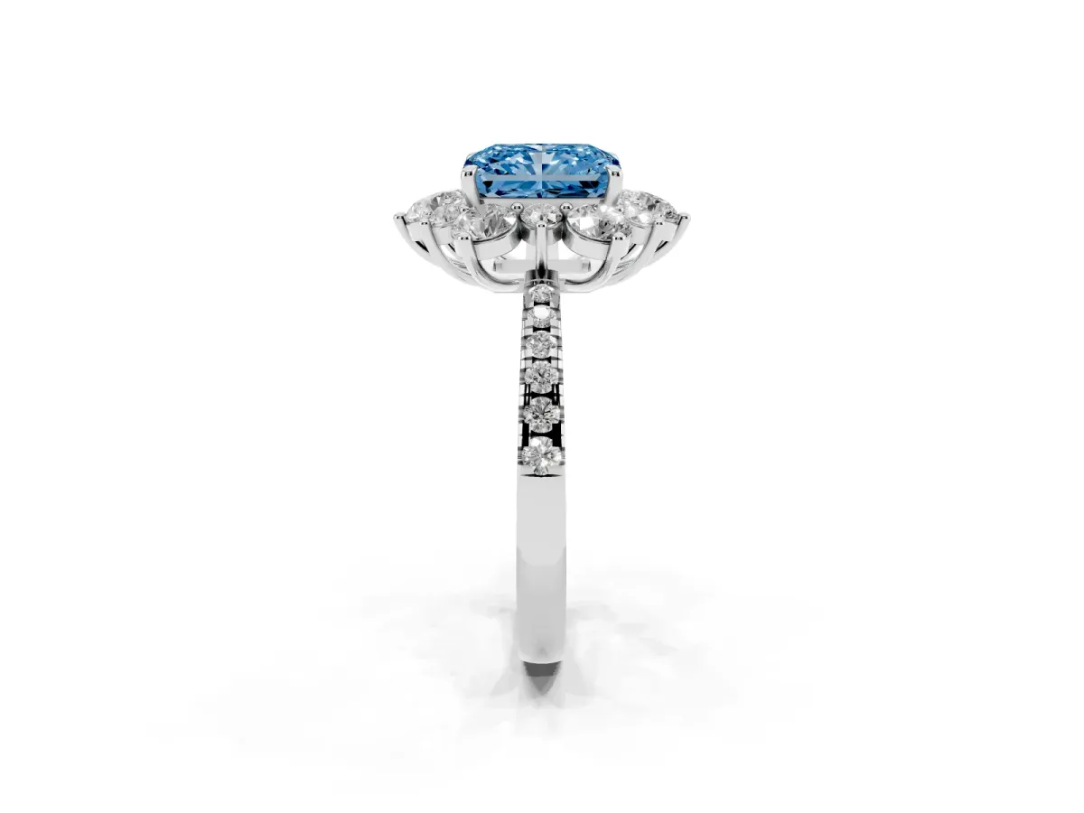 Fancy Blue Radiant Cut Diamond Floral Halo Ring with Round Pavé Band and Prong Setting Silver
