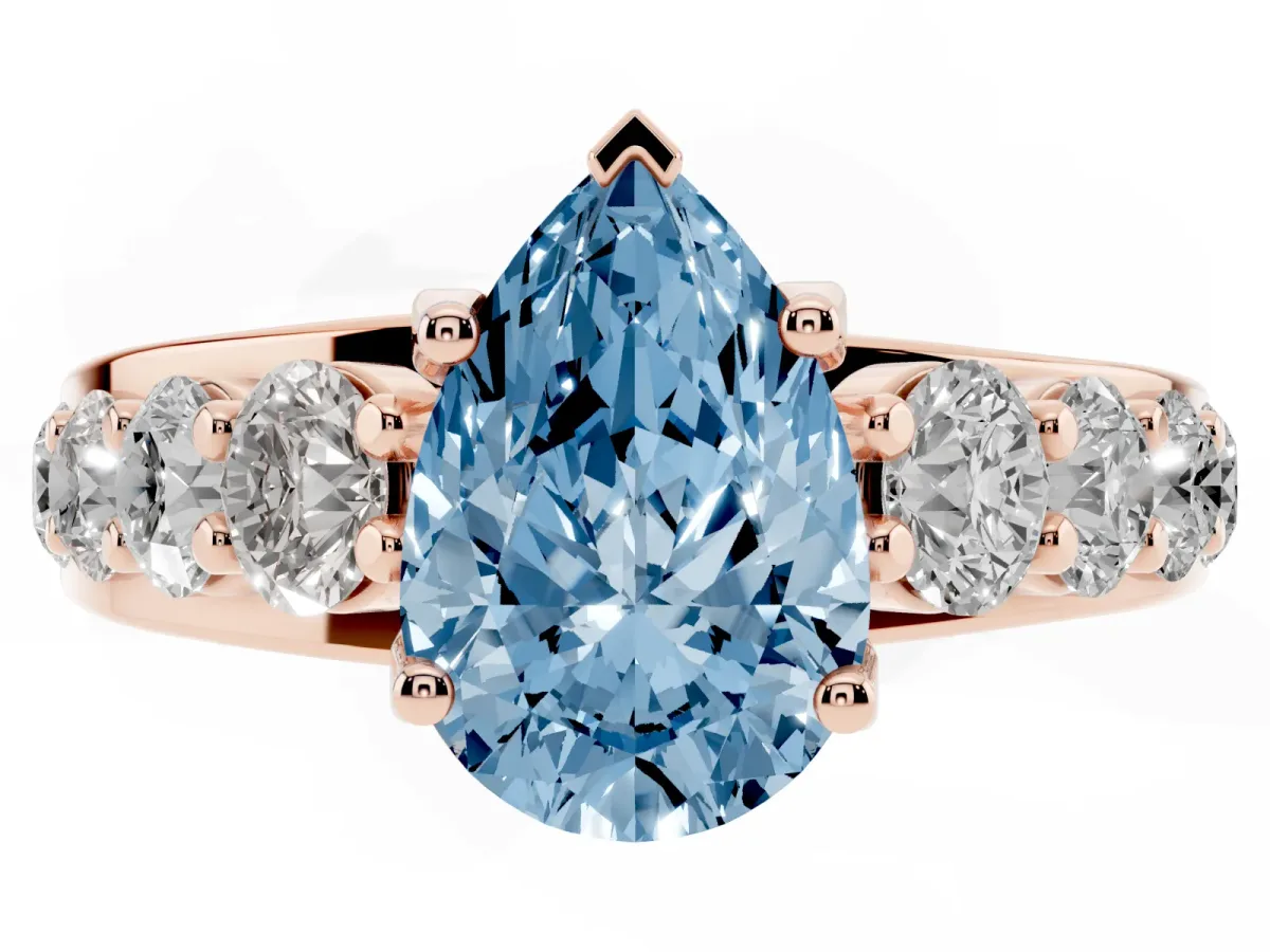 Fancy Blue Pear Cut Diamond Engagement Ring with Pavé Band and Four-Prong Setting Rose gold