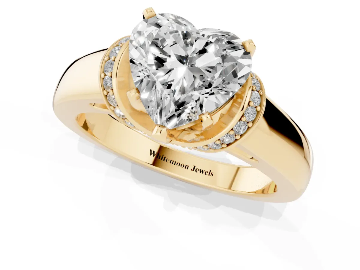 Heart Cut Solitaire Diamond Ring with Pave Band and Six-Prong Setting Yellow gold
