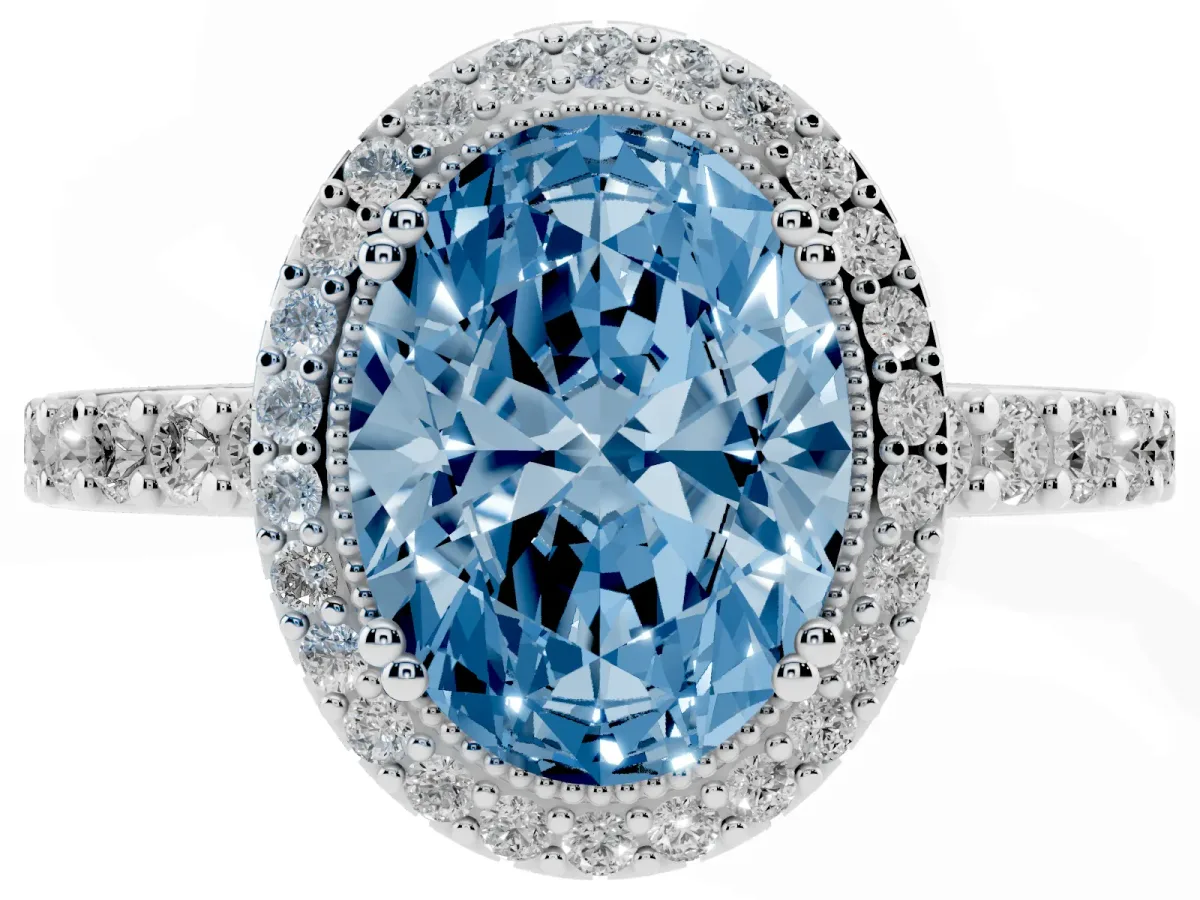 Fancy Blue Oval Cut Cut Diamond Halo Engagement Ring with Milgrain Detail and Pavé Band White gold
