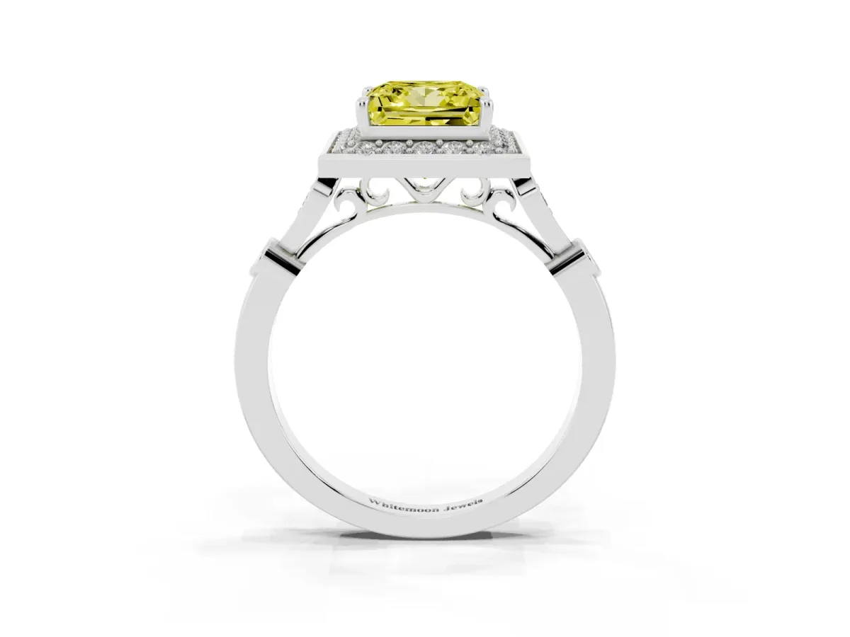 Fancy Yellow Princess Cut Halo Diamond Engagement Ring with Twisted Band and Four-Prong Setting Silver