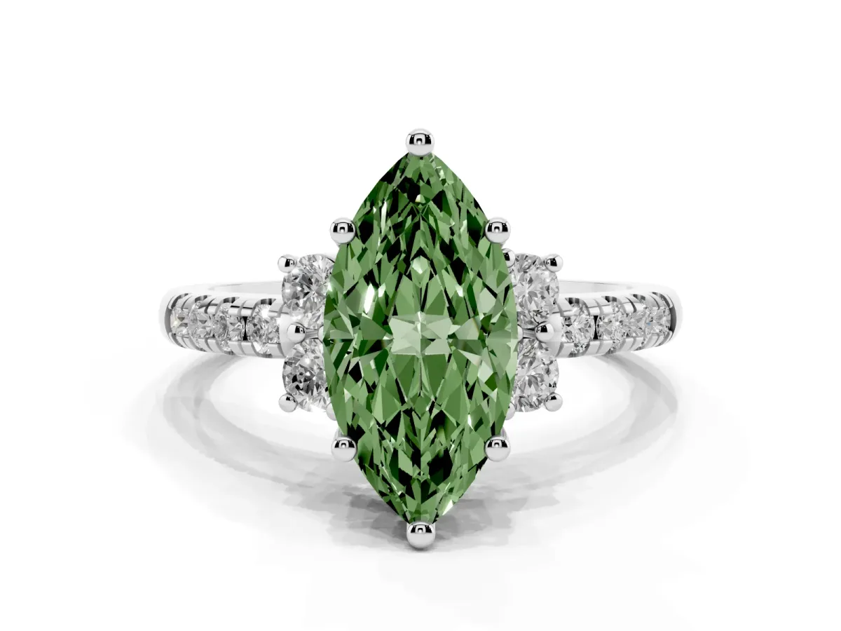 Fancy Green Marquise Cut Diamond Three-Stone Pave Band with Four-Prong Setting Platinum