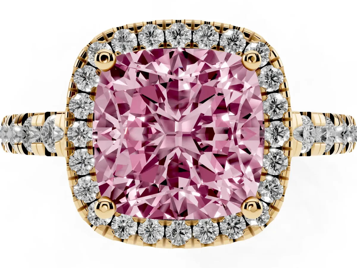 Fancy Pink Cushion Cut Diamond Halo Ring with Pavé Band and Four-Prong Setting Yellow gold