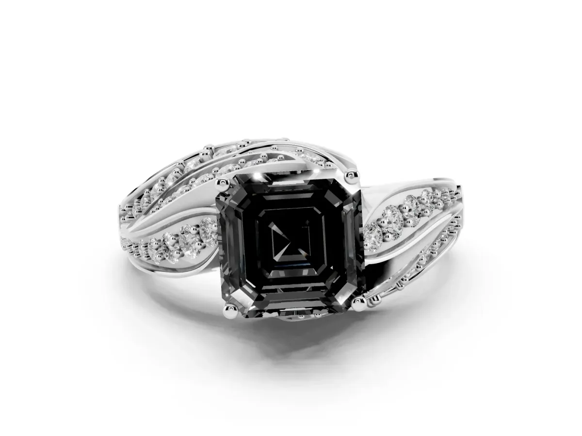 Fancy Black Asscher Cut Diamond Solitaire Ring with Prong Setting and Twisted Pavé Band Silver
