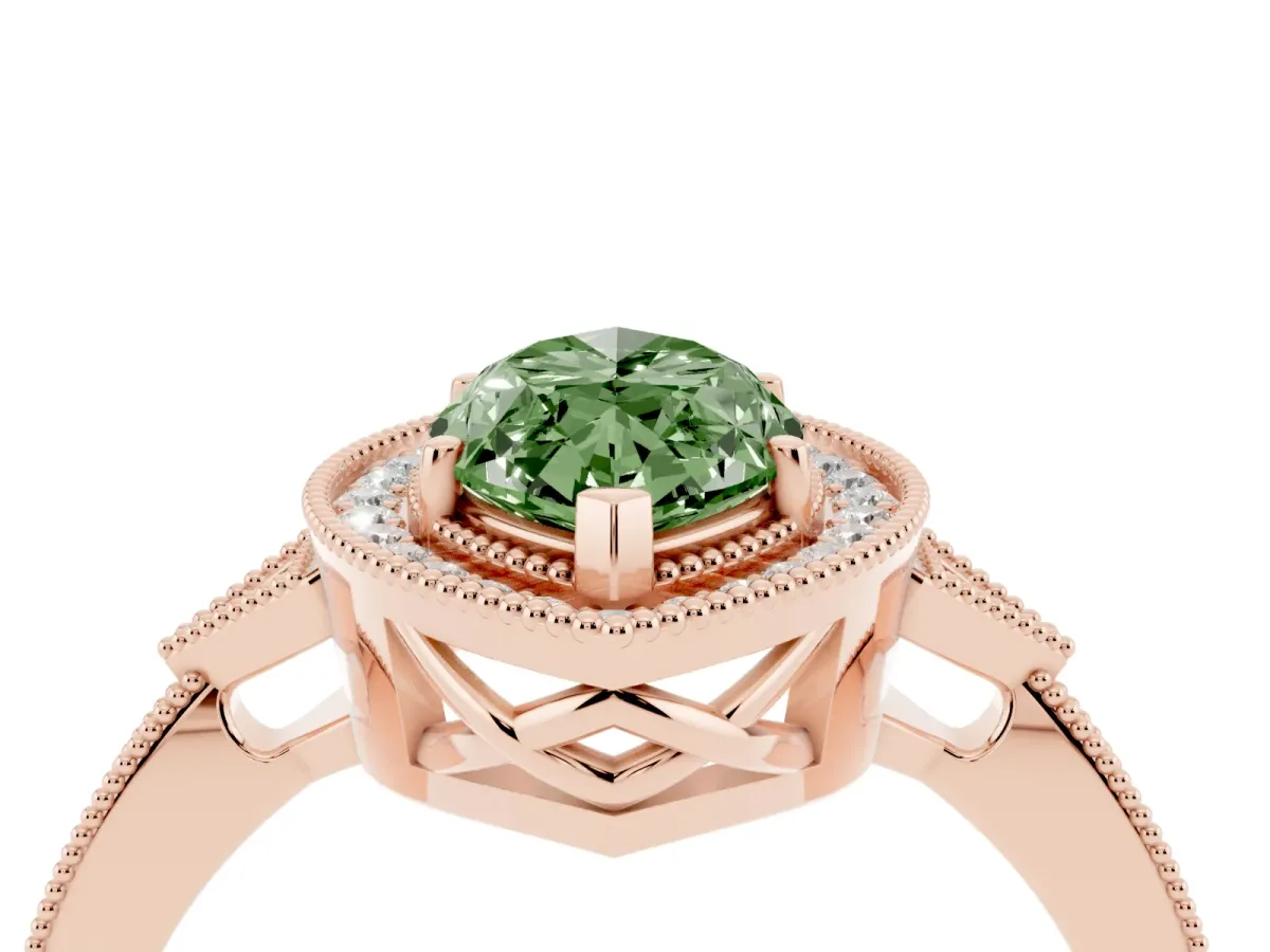 Fancy Green Marquise Cut Halo Round Diamond Milgrain Pave Engagement Ring Rose gold