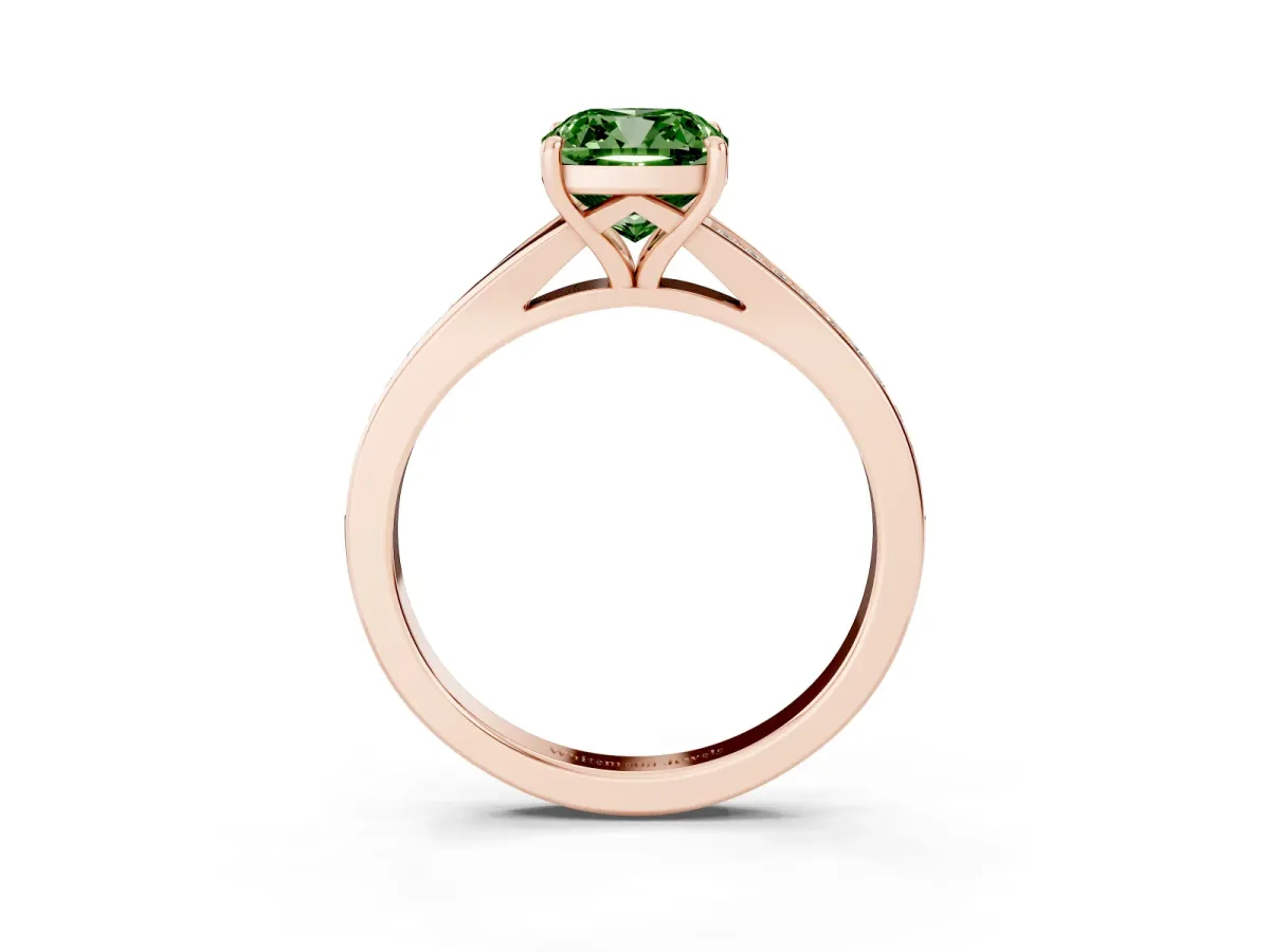 Fancy Green Cushion Cut Diamond Solitaire Ring with Pavé Band and Prong Setting Rose gold