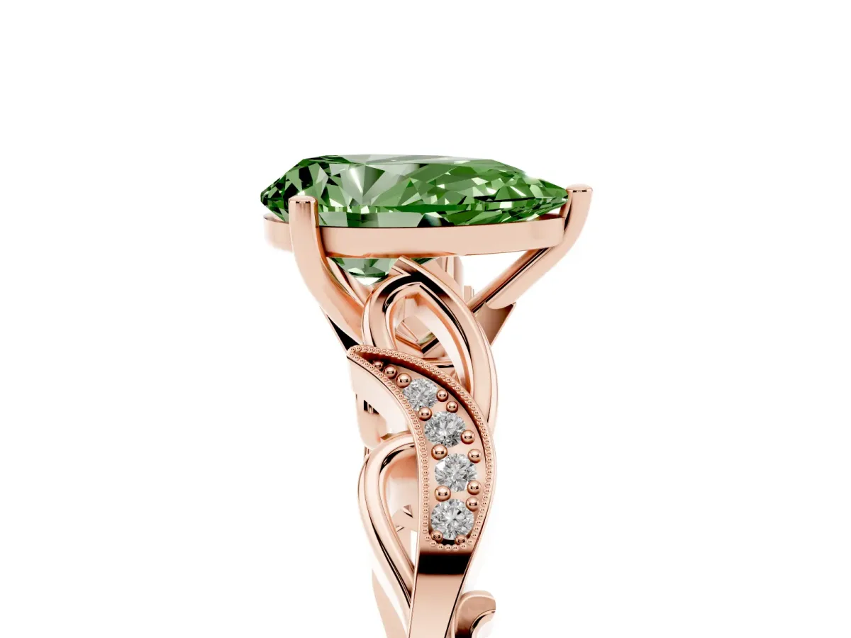 Fancy Green Pear Cut Solitaire Vine Band with Milgrain Prong Setting Rose gold