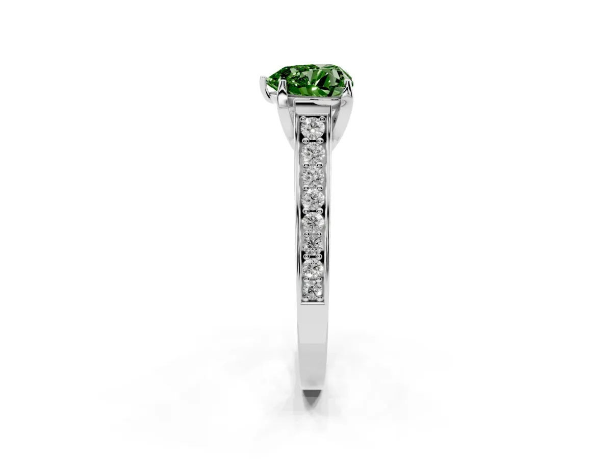 Fancy Green Heart Cut Brilliant Cut Diamond Engagement Ring with Pavé Band and Four-Prong Setting Platinum