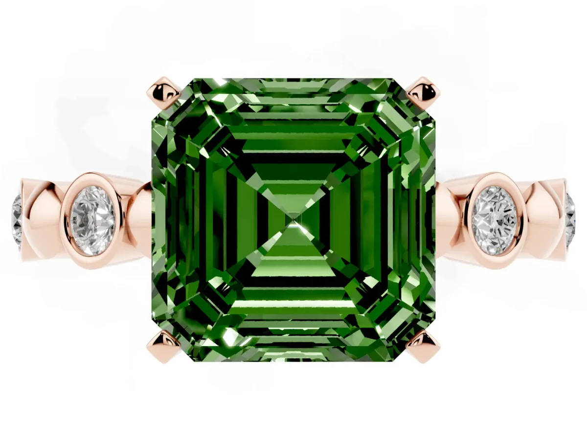 Fancy Green Asscher Cut Solitaire Bezel-Set Diamond Ring with Beaded Band and Four-Prong Setting Rose gold