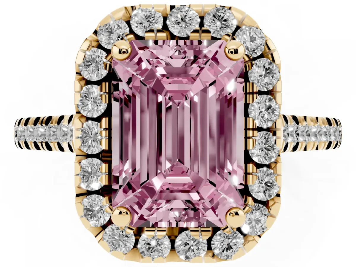 Fancy Pink Emerald Cut Diamond Cushion Halo Ring with Pavé Band Yellow gold