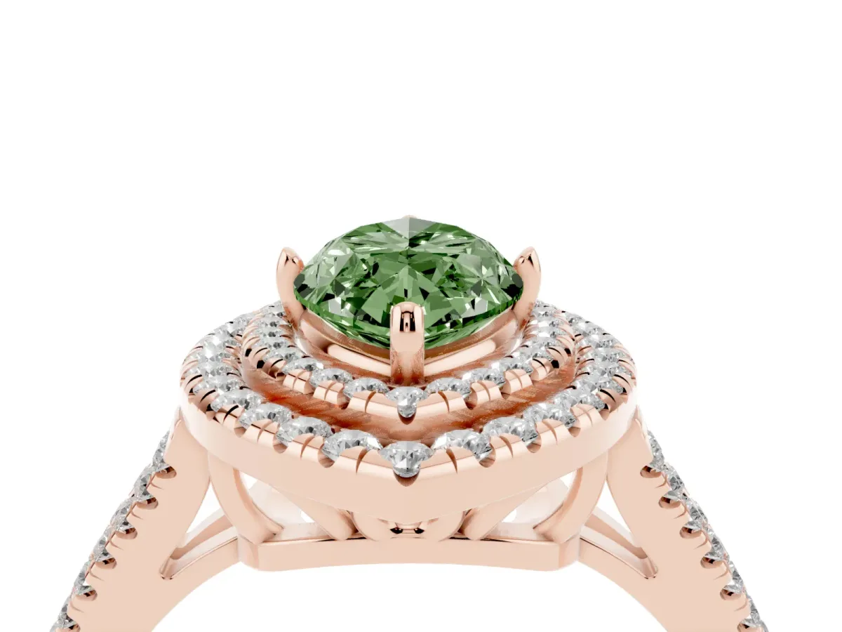 Fancy Green Marquise Cut Diamond Double Halo Ring with Pavé Band and Prong Setting Rose gold