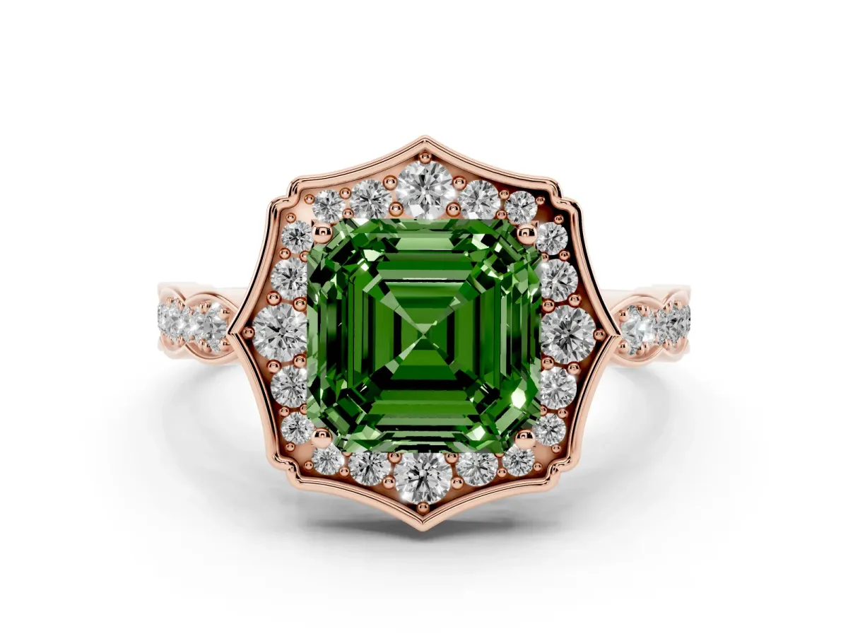 Fancy Green Asscher Cut Halo Diamond Engagement Ring with Milgrain Band and Four-Prong Setting Rose gold