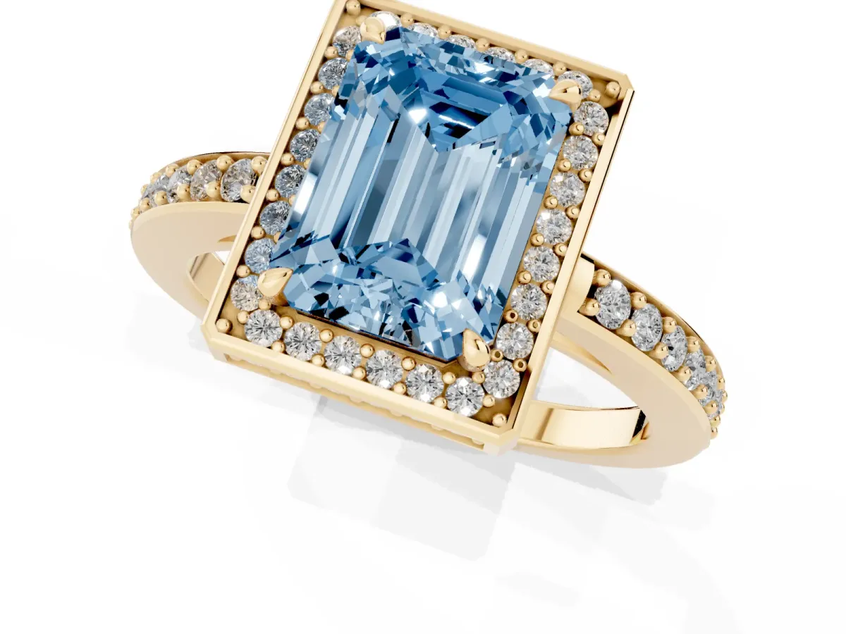 Fancy Blue Emerald Cut Halo Pave Band Solitaire Ring with Prong Setting Yellow gold