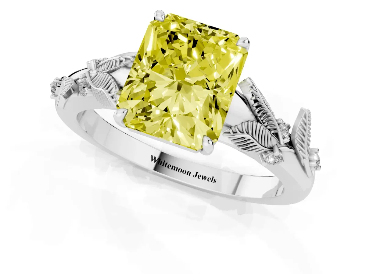 Fancy Yellow Radiant Cut Diamond Solitaire Ring with Leaf Motif Band and Four-Prong Setting Silver