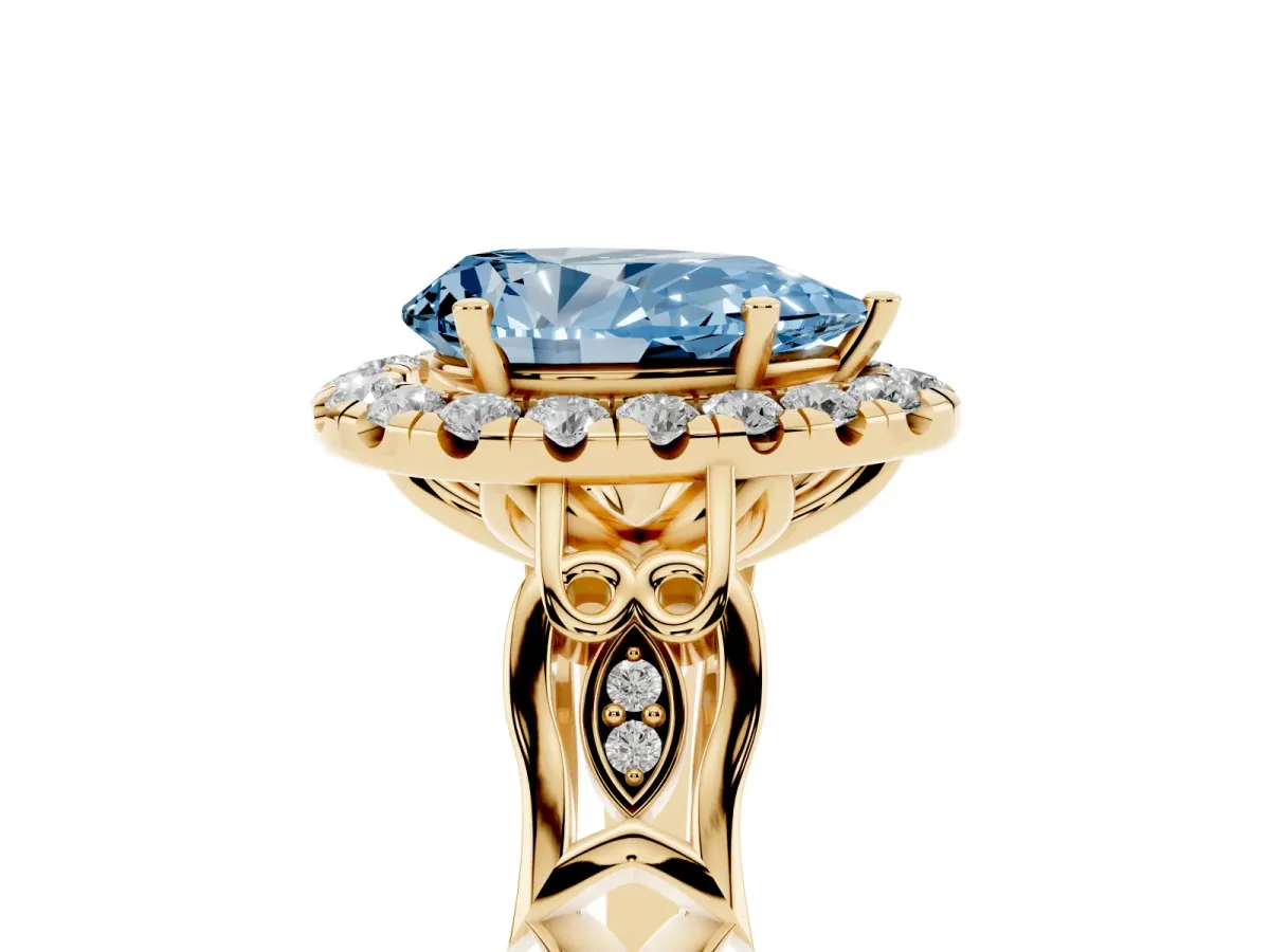 Fancy Blue Pear Cut Halo Diamond Engagement Ring with Filigree Band and Four-Prong Setting Yellow gold