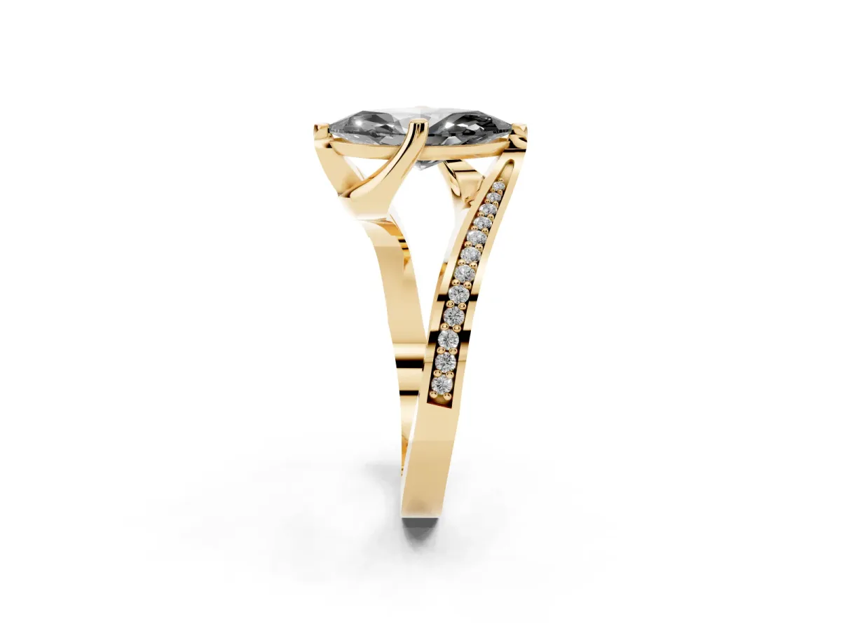 Fancy Black Marquise Cut Solitaire Diamond Twist Band with Pavé Setting and Four-Prong Setting Yellow gold
