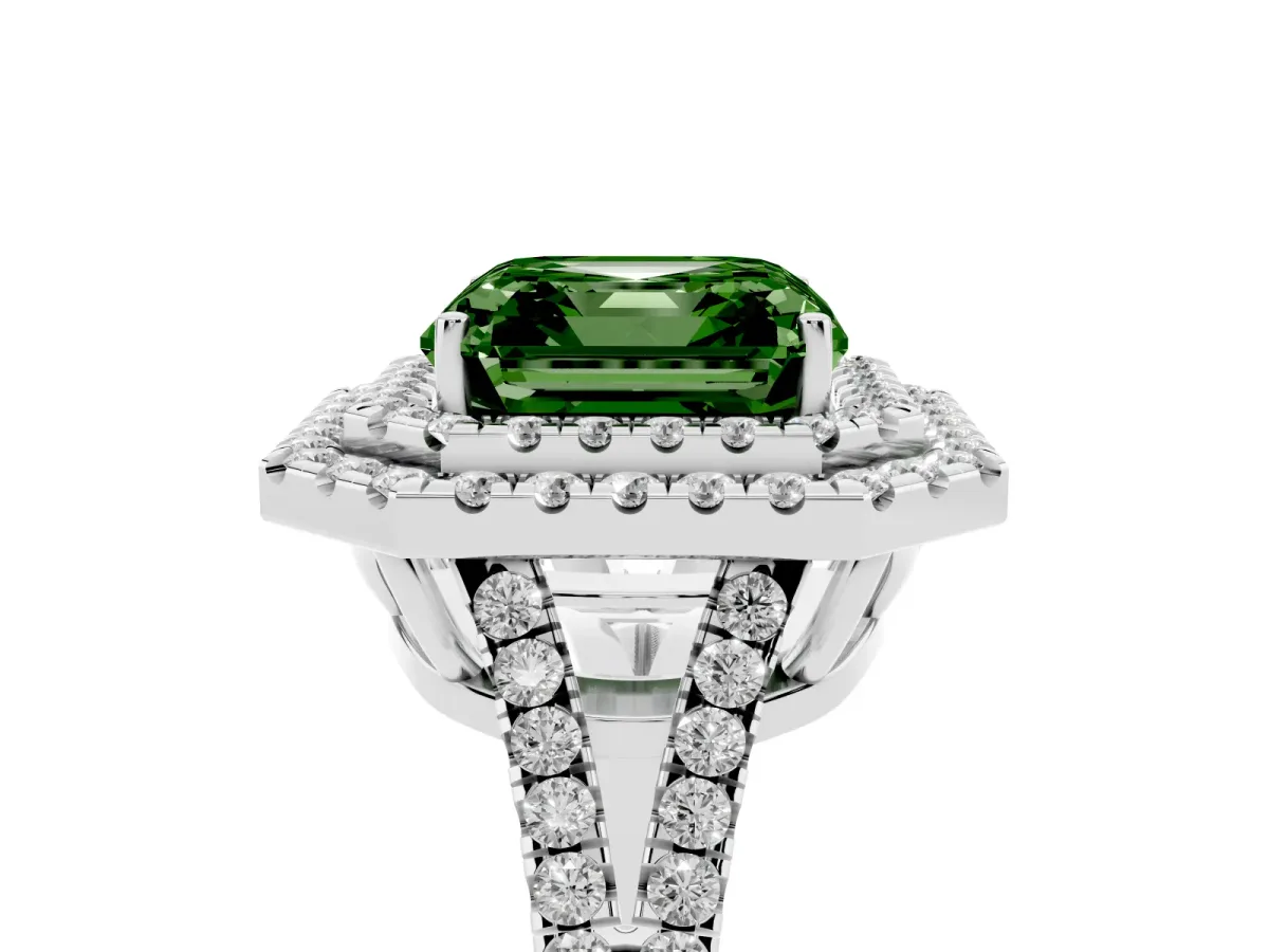 Fancy Green Asscher Cut Diamond Double Halo Ring with Pavé Band and Prong Setting Silver
